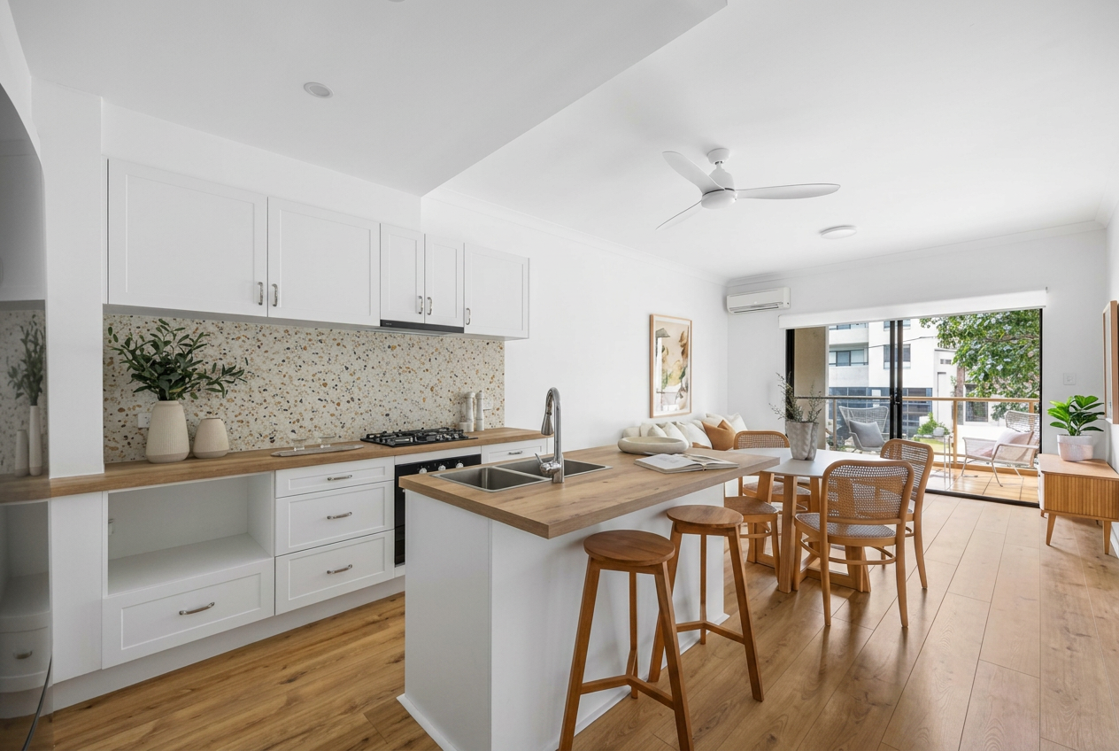 Renovated kitchen and open living space by Lacasa Building in Sydney